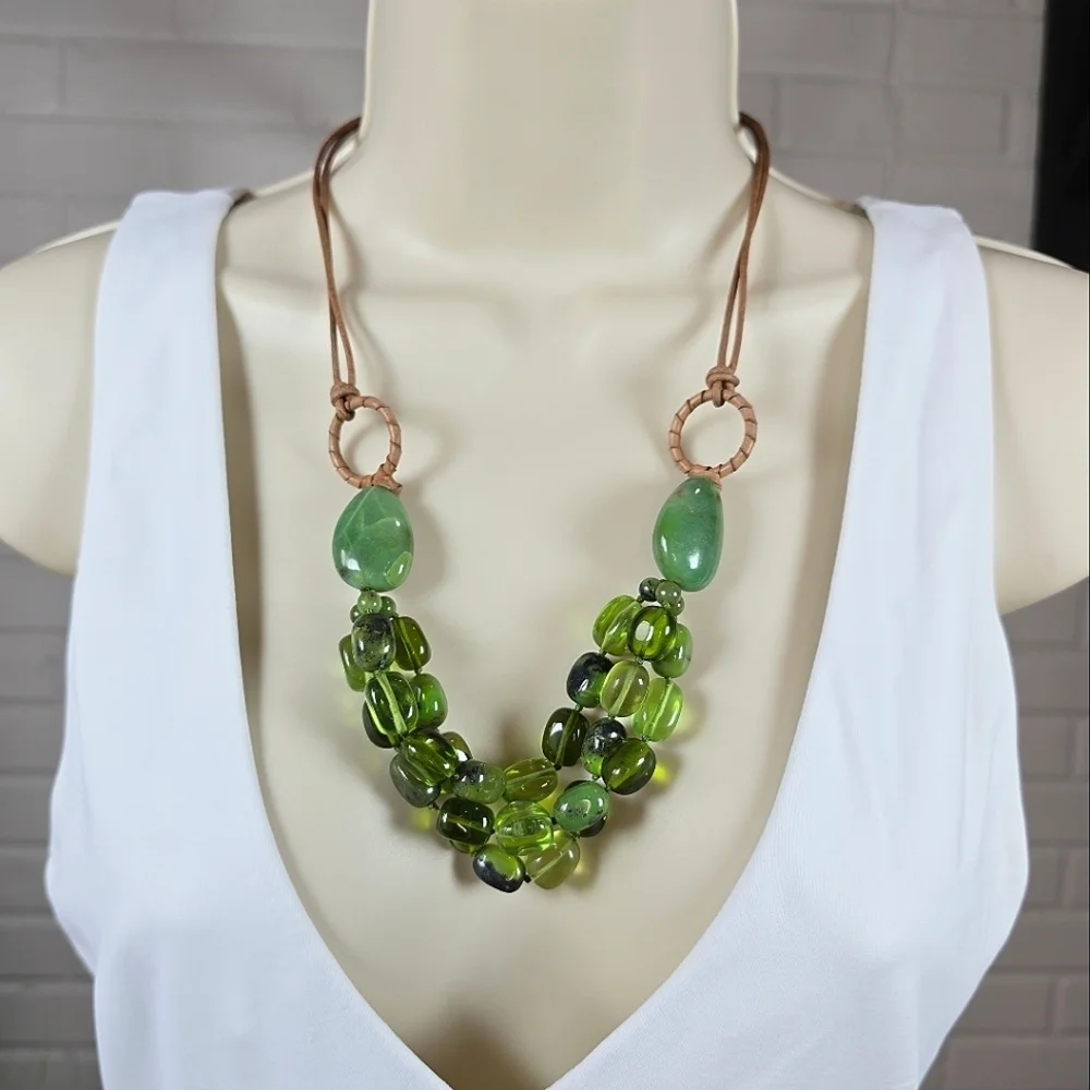 Coldwater Creek Green Glass Beaded Layered Necklace with Brown Cord